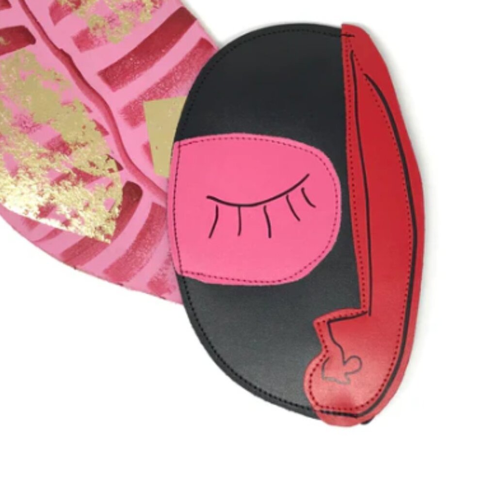 ARK COULOR DESIGN I Pink & Red Abstract Face Leather High Fashion Handbag Clutch - Picture 4 of 10